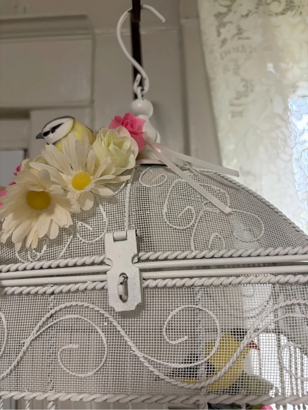 White Decorative Birdcage Accent with Floral and Yellow Bird